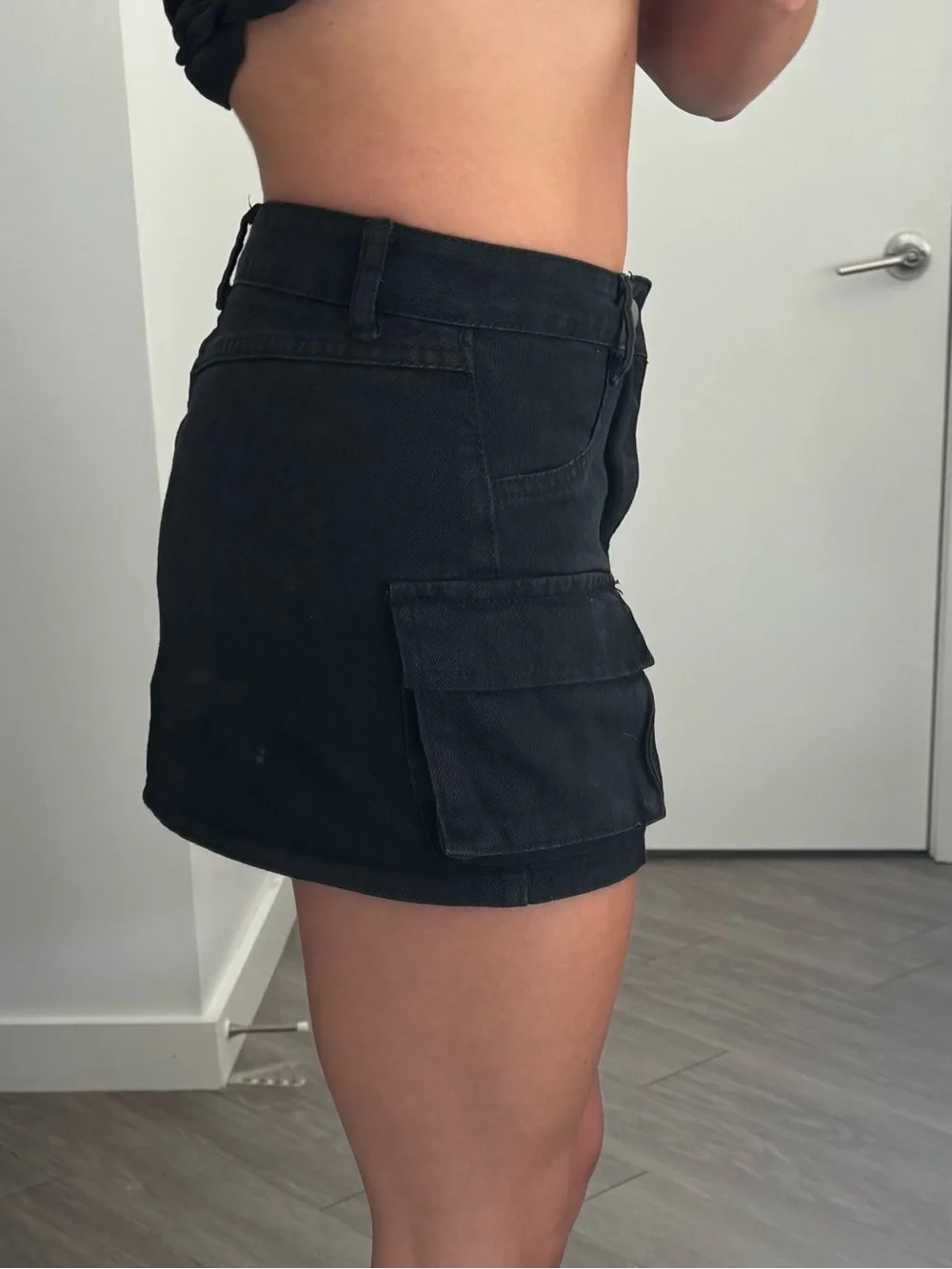 Black Cargo Pocket Denim Mini Skirt